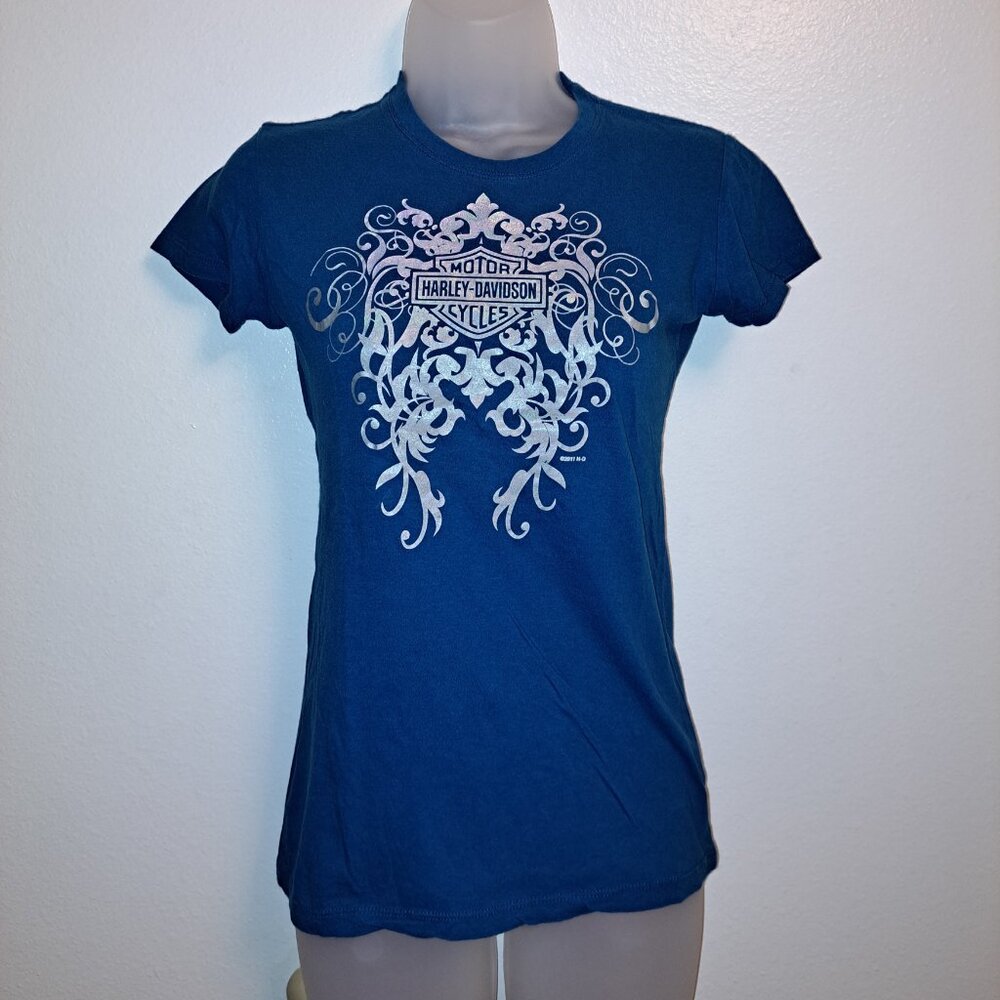 Harley Davidson Short Sleeve Metallic Iridescent Scroll Print Tee